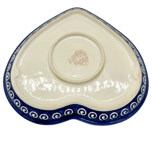 Handmade Boleslawiec Polish Pottery Heart-Shaped Plate Blue White Swirl Design - Picture 5 of 7